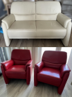 Bankje ecru + 2 fauteuils rood 