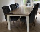 Eethoek, tafel 220x100x76 cm en 6 stoelen, stoffen blauwe bekleding.  